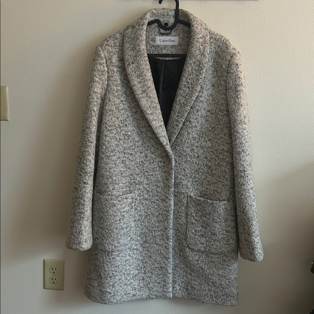 Calvin Klein Women XL Boucle Speckled  Cream/Gray One Button Wool Blend Car Coat
